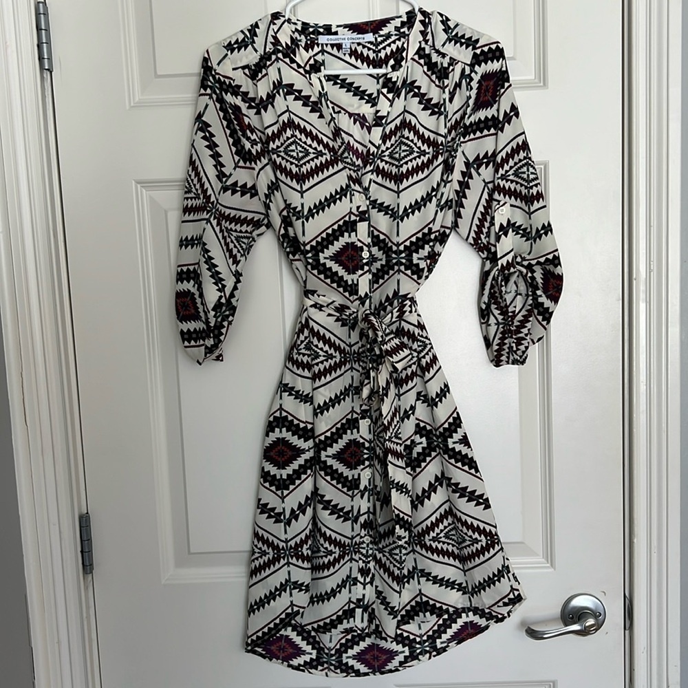 Collective Concepts Cream button up tribal boho print Dress Size Large